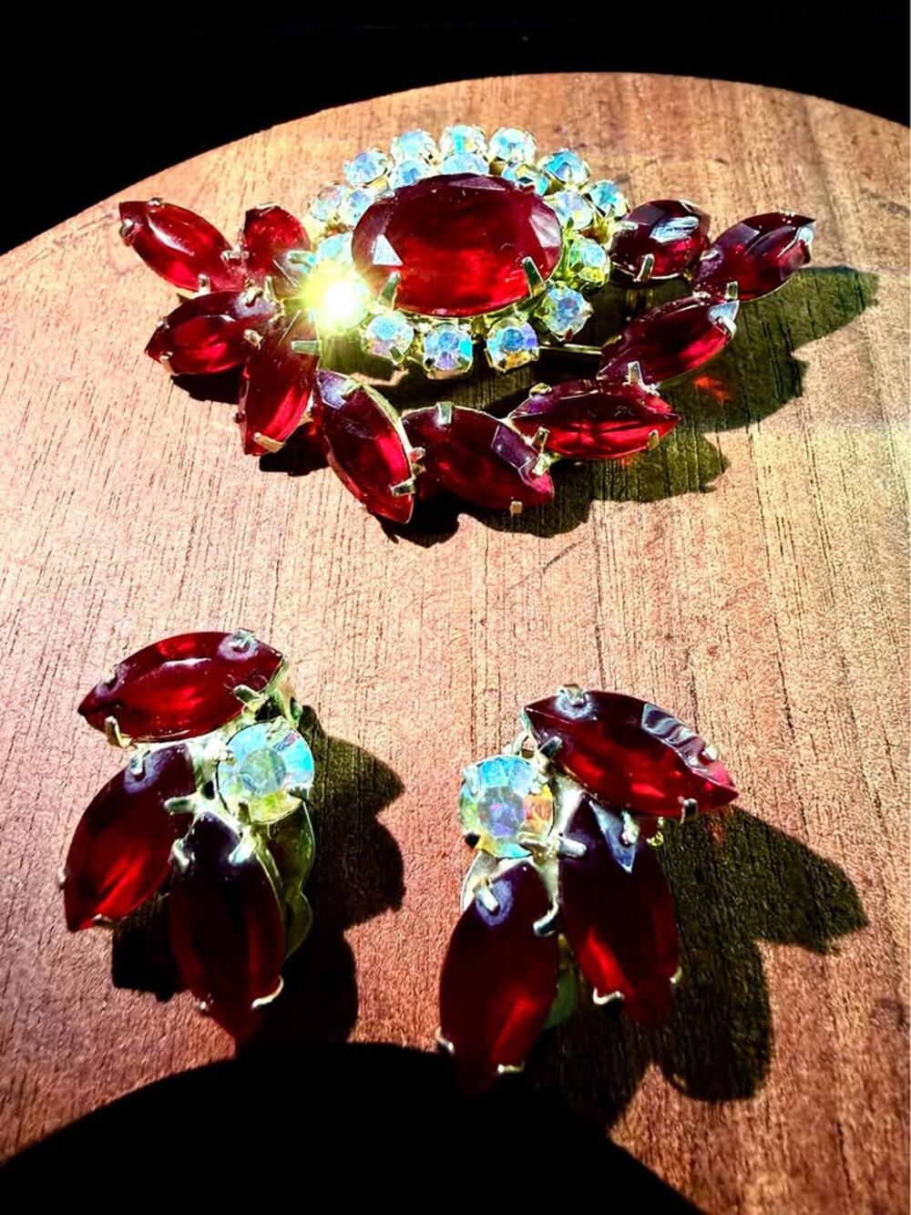 Vintage Red Rhinestone Brooch & Clip-On Earrings Set